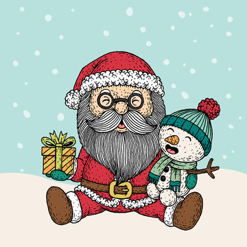 Hand drawn santa claus and snowman in christmas