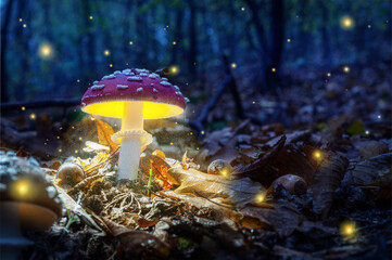 Mystical fly agarics glow in a mysterious dark forest. Fairytale background for Halloween.