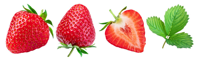 Strawberry with strawberries leaves and slices isolated on a white background. Clipping path.