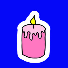 Cute pink candle for Christmas, doodle style positive illustration. Happy new year decoration, holiday print. Hand drawn vector illustration. Cartoon colorful design for children