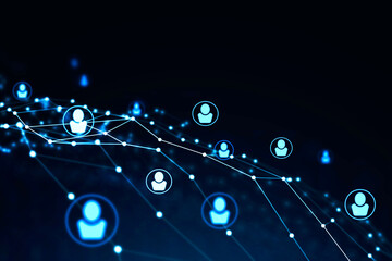 Modern HR interface over dark blue background. Concept of recruitment. 3d rendering toned image double exposure