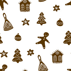 Seamless background with New Year's elements. Christmas gingerbread cookies on a white background. Vector. Cartoon. Chocolate-white range. Various gingerbread. Suitable for fabric, paper and wallpaper