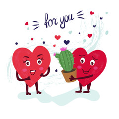The concept of love. Cute characters of a couple of loving hearts. A man gives a cactus flower in a pot to his woman. Vector romantic card for the recognition of his feelings. Valentine's Day