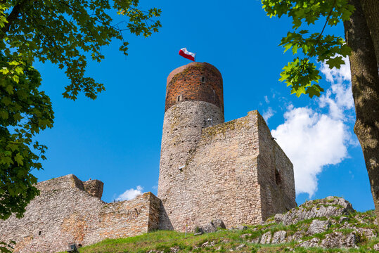 Old castle with polish flag on the tower
