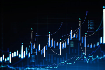 Immersive stock market and graph interface over dark blue background. Concept of trading. 3d rendering toned image double exposure