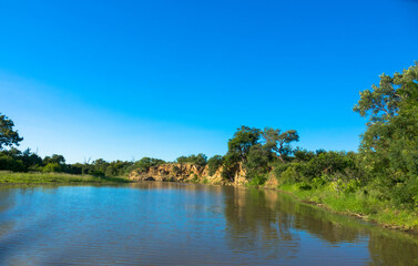Fototapeta na wymiar Panoramic view on Mara River in Masai Mara national park, South Africa
