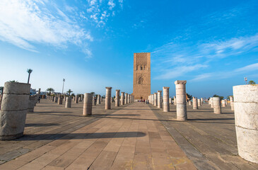 The Mausoleum of Mohammed V and the Hassan Tower on the Yacoub al-Mansour esplanade in the capital city of Rabat, Morocco.