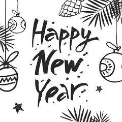 Happy new year lettering written by hand on white background with tangerine and twigs of spruce for posters and new year invitations and banners to the site. Vector illustration.
