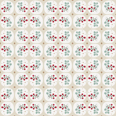 Merry Christmas seamless pattern in traditional colors with vector hand drawn floral tiles. Floral repeated background for wrapping paper, fabric, christmas decoration in farmhouse rustic style.