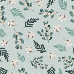 Merry Christmas seamless patternwith floral hand drawn scandinavian branches and leaves, eucalyptus, winter berries. Winter holiday repeated background for wrapping paper, fabric, christmas decoration