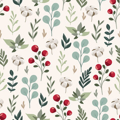 Merry Christmas seamless patternwith floral hand drawn scandinavian branches and leaves, eucalyptus, winter berries. Winter holiday repeated background for wrapping paper, fabric, christmas decoration