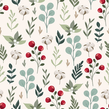 Fototapeta Merry Christmas seamless patternwith floral hand drawn scandinavian branches and leaves, eucalyptus, winter berries. Winter holiday repeated background for wrapping paper, fabric, christmas decoration