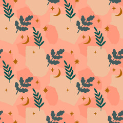 Abstract aesthetic seamless pattern with plants, moon and torn paper. Vector illustration