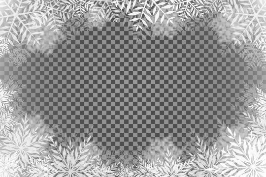 Christmas background with transparent basis and lots of snowflakes around the frame light rectangular