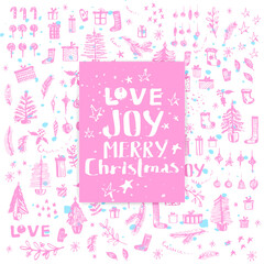 Fototapeta na wymiar Christmas line art drawings in pink color