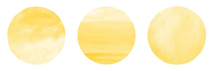 Chrome, amber yellow watercolor circles set, collection. Round shapes, painted frames, gradient backgrounds with stains. Light watercolour texture. Hand drawn abstract aquarelle fill. © Elena Panevkina