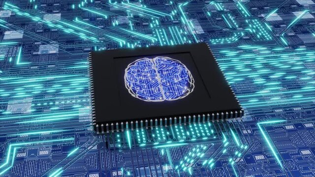 Representation of an electronic circuit during data processing with in the centre a microprocessor that shows above it an electronic circuit designed in a brain shape with electrical signals