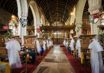 The ancient Cockington Church in Devon decorated for a wedding