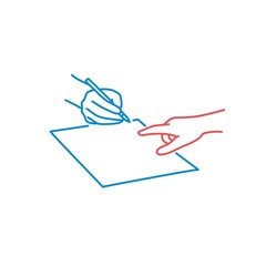 Color lines vector of signing a contract, document. Human hand pointing to the place of signature.
