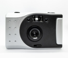 Old plastic camera working with film isolated on white background