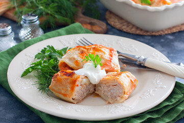 Cabbage rolls with minced meat and rice on a plate with sour cream and herbs, selective focus