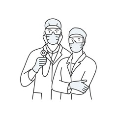 Two uniformed doctors. Pandemic concept. Hand drawn vector illustration.