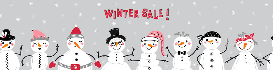 Winter Sale Banner with Cute Snowmen. Cartoon Funny Snowman Seamless Border Pattern. Winter Holidays, Christmas and New Year Design