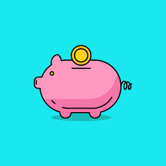 Simple piggy bank vector illustration on blue background. Piggy bank linear color icon 