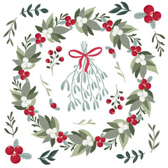 Christmas clipart vector illustration collection for posters, cards, banners, flyer, cover, stationery. Set  of hand drawn scandinavian christmas wreaths,florals and objects for christmas products