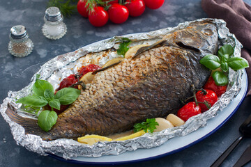 whole baked carp in foil with lemon in the oven, horizontal