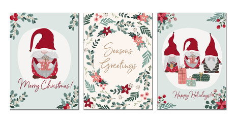 Set of Merry Christmas greeting cards in traditional colors, vertical banners, flyers,invitations. Happy Holidays and New Year cards with christmas florals and winter season object