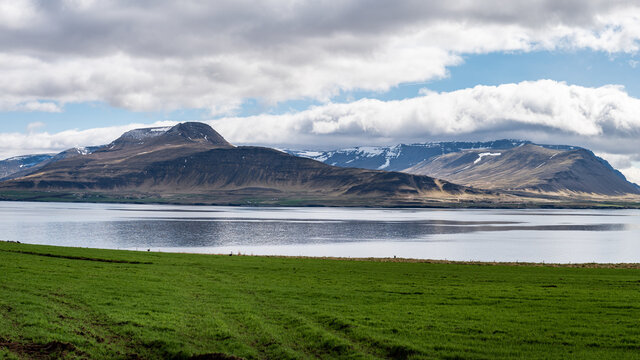 Esjan mountain range in sunny spring day