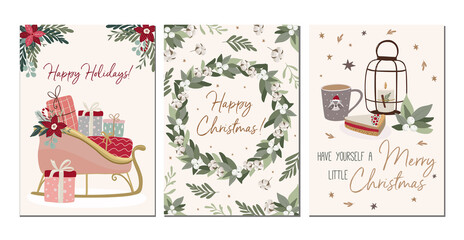 Set of Merry Christmas greeting cards in traditional colors, vertical banners, flyers,invitations. Happy Holidays and New Year cards with christmas florals and winter season object