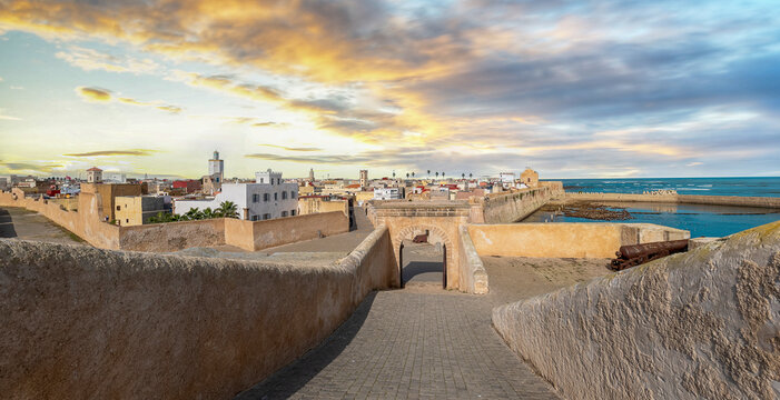 Panoramic view of Mazagan in El Jadida, Morocco at sunset. The City Wall around  the old city. It is a Portuguese Fortified Port City registered as a UNESCO World Heritage Site. Panorama.