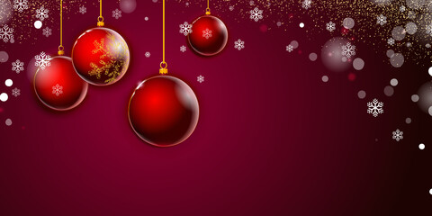 Christmas or New years background with red glass balls and snowflakes. Dark crimson Xmas bokeh backdrop. Art 3D. Happy holiday. Vector illustration.