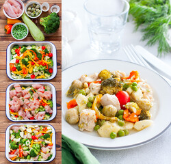 Collage of step by step photos of cooking diet food in the oven - baked chicken fillet with vegetables, selective focus