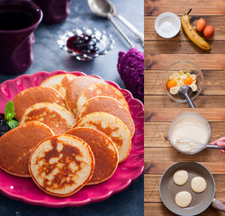 Collage of step by step photos of making dietary gluten free fritters with banana on rice flour,...