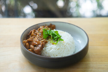Pork with garlic and pepper on rice