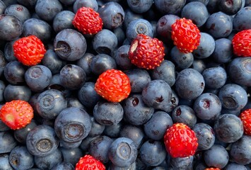 Fresh blueberries and strawberries background.  Healthy food concept.  Top view, flat lay, copy space.