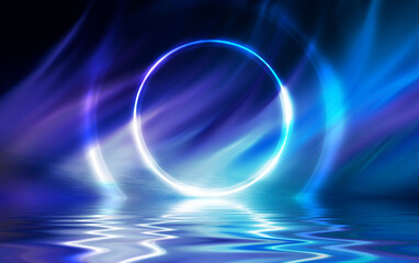 Dark abstract background. Neon light circle figure. Reflection of neon light on the water. Beach party. 3d illustration