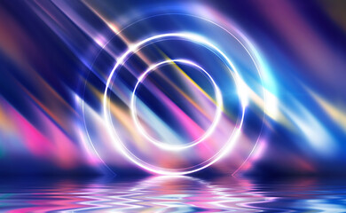 Dark abstract background. Neon light circle figure. Reflection of neon light on the water. Beach party. 3d illustration