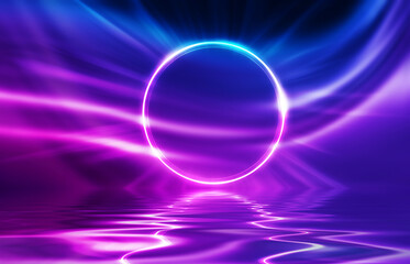 Dark abstract background. Neon light circle figure. Reflection of neon light on the water. Beach party. 3d illustration