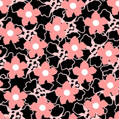 Hand-drawn floral delicate vector seamless pattern. Pink flowers on a black background. For prints of lace fabric, textile products, paper, clothing.
