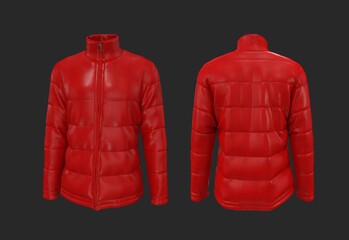 Men's warm sport puffer jacket isolated over grey background, jacket design presentation. 3d rendering, 3d illustration © Febriana