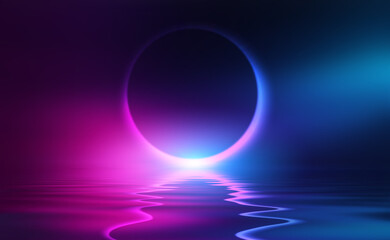 Dark abstract background. Neon light circle figure. Reflection of neon light on the water. Beach party. 3d illustration