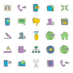 communication hand drawn linear doodles isolated on white background. communication icon set for web and ui design, mobile apps and print products