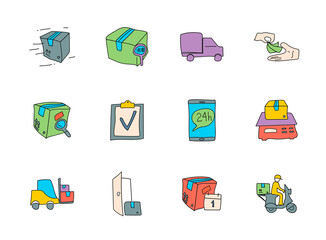 delivery hand drawn linear vector icons isolated on white background. delivery doodle icon set for web and ui design, mobile apps and print products