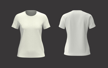 Women's crewneck t-shirt mockup in front, side and back views, design presentation for print, 3d illustration, 3d rendering