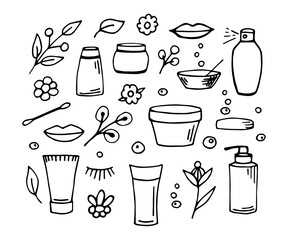 Simple hand-drawn vector doodle black outline drawing. Set for face and body care, skin. Cream, mask, shampoo. Natural cosmetics, spa beauty salon. Elements for product decoration.
