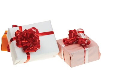 Close up view of colorful present boxes on white background. Christmas and New Year holidays concept background.